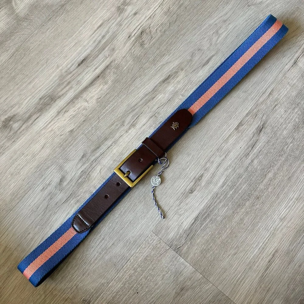 Southern Tide Blue & Orange Striped Woven Cotton Fabric Belt Dark Brown Leather